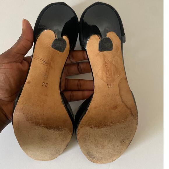 Manolo Blahnik Black Open Peep Toe Canvas and Patent Heels Shoes • Size 36 - Picture 4 of 8